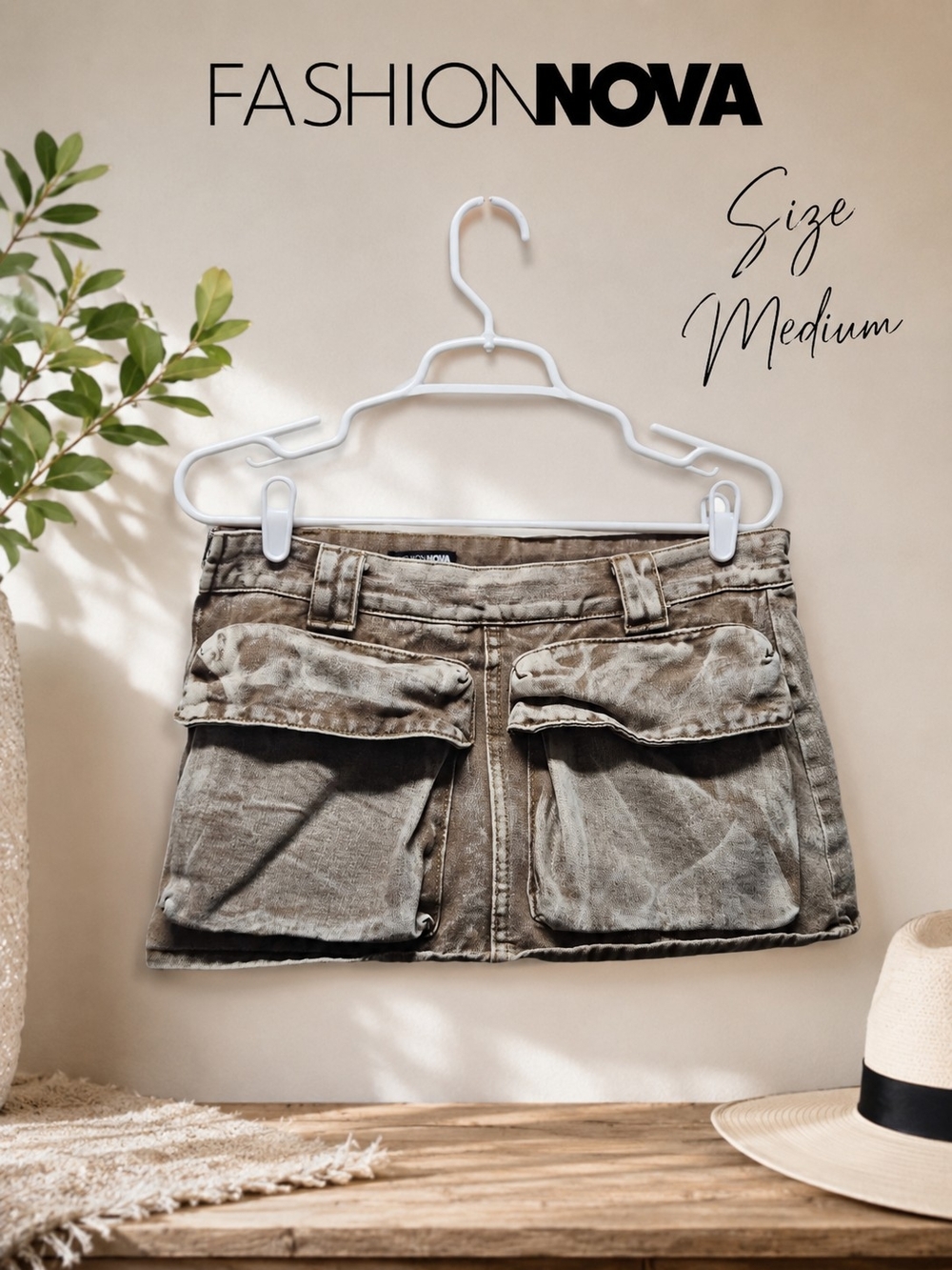 Fashion Nova Brown Acid Wash Cargo Skort – Size Medium | Mini Skirt w/ Shorts
